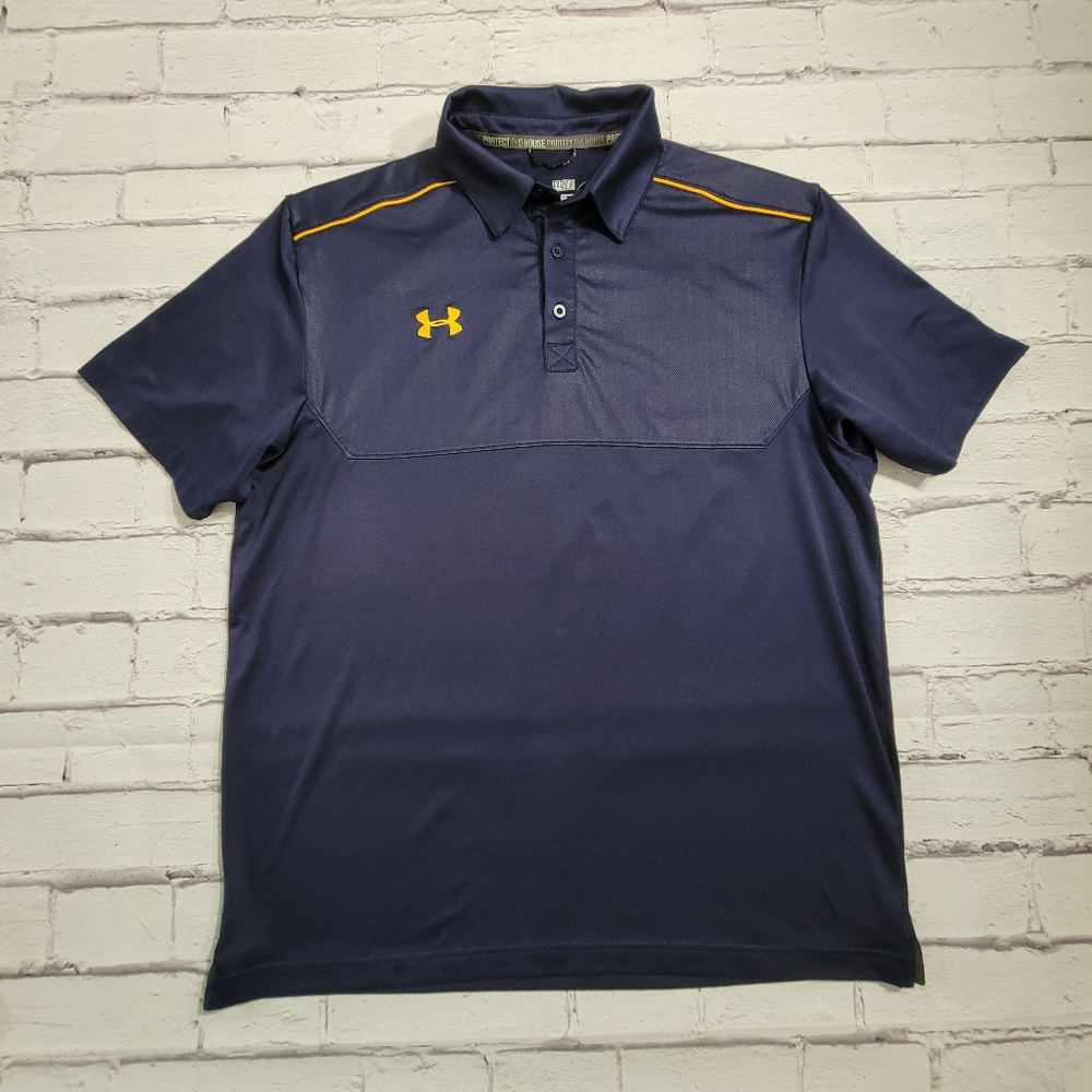 Under Armour HeatGear Polo Shirt Navy Yellow Men's Medium Loose Fit